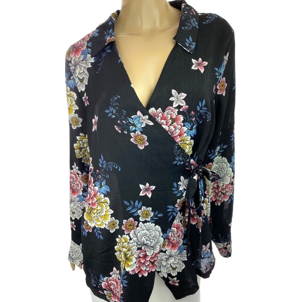 Emelia Wrap Blouse Top Size L Black w Floral Pattern Long Sleeve Collared